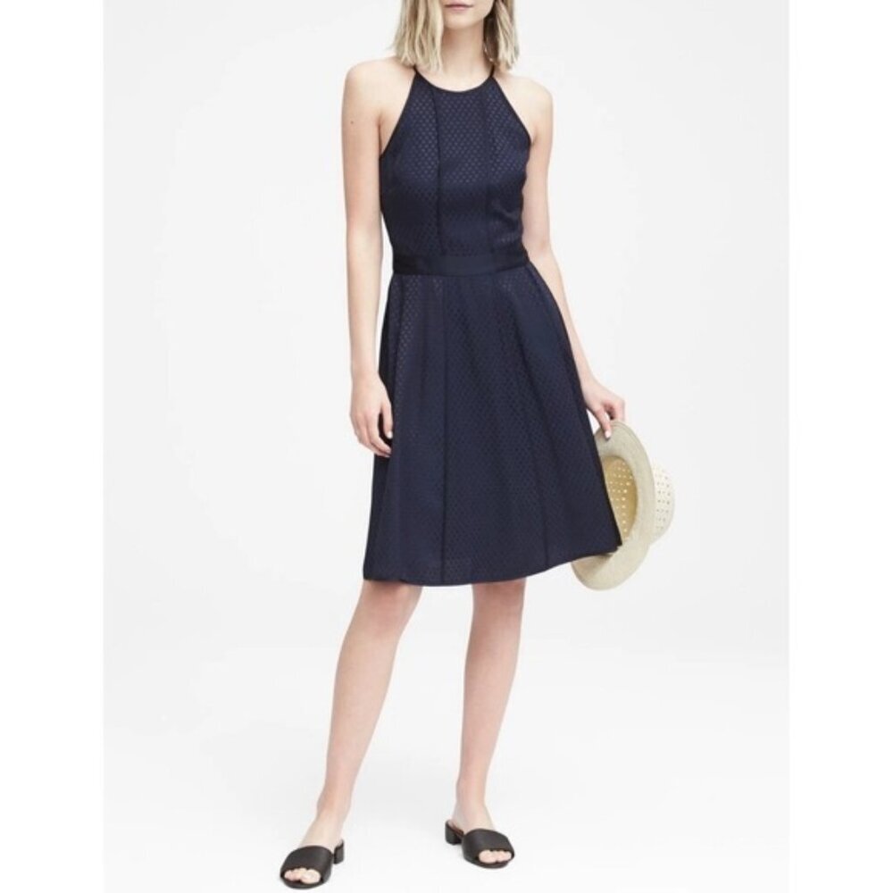 NWT BANANA REPUBLIC Polka Dot Paneled Fit & Flare Dress Size‎ 8P Navy Sleeveless